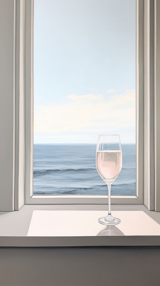 Minimal seascape out of the window view with a champagne windowsill glass transparent. AI generated Image by rawpixel.