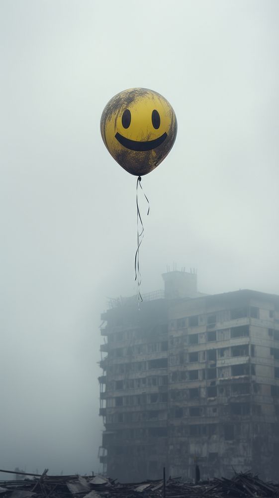 Smiley balloon floating city outdoors transportation. AI generated Image by rawpixel.