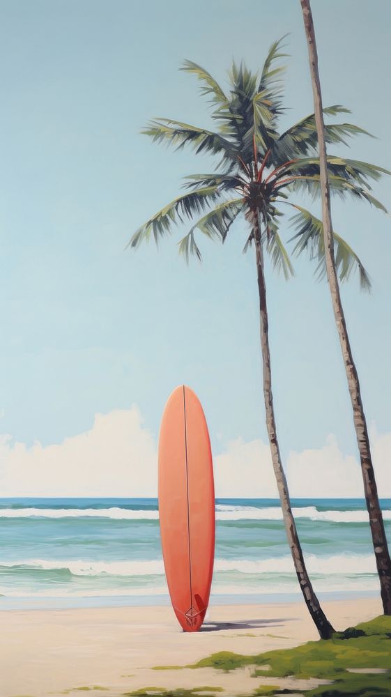 Surfboard at the summer beach and coconut tree outdoors nature sports. AI generated Image by rawpixel.
