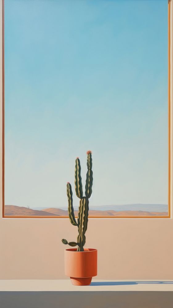 Potted cactus on the window with desert background windowsill painting plant. AI generated Image by rawpixel.