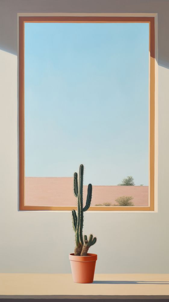 Potted cactus on the window with desert background windowsill plant architecture. AI generated Image by rawpixel.
