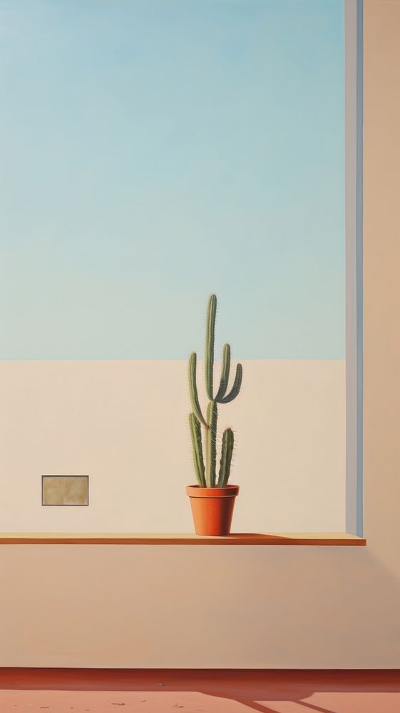 Potted cactus on the window with desert background painting plant architecture. AI generated Image by rawpixel.
