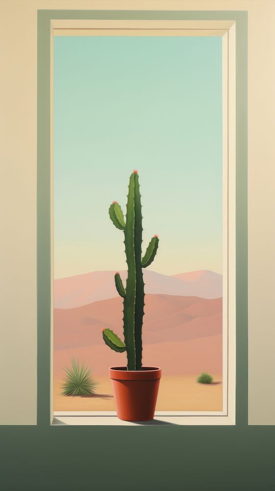 Potted cactus on the window with desert background plant architecture houseplant. AI generated Image by rawpixel.