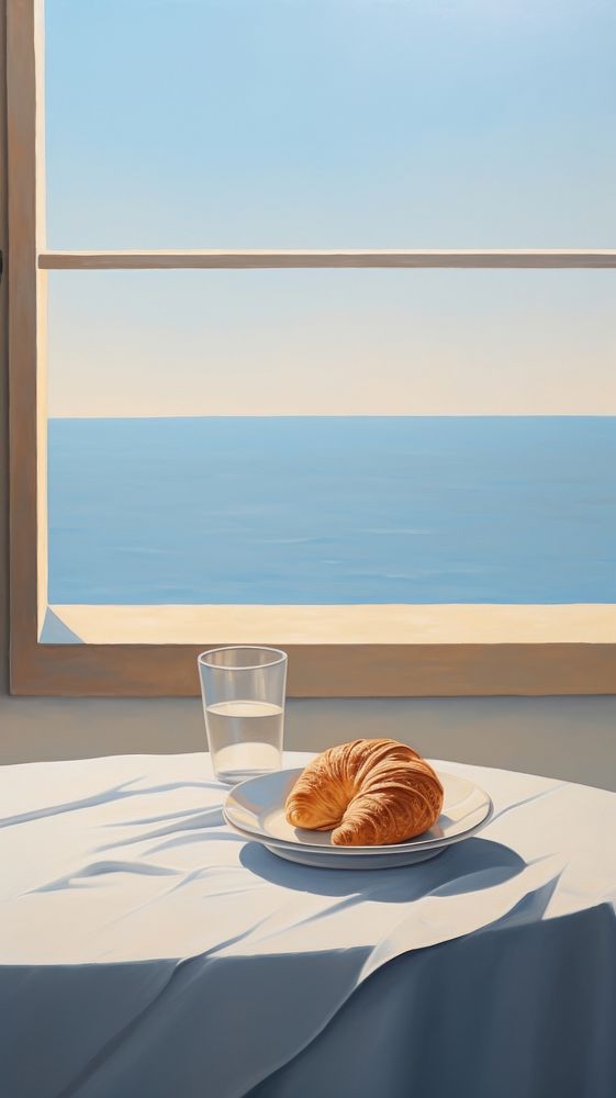 A croissant in plate on the window sill with sea background windowsill bread food. AI generated Image by rawpixel.