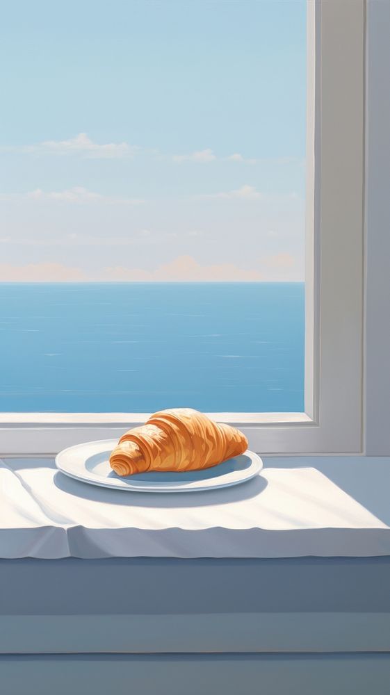 A croissant in plate on the window sill with sea background bread food viennoiserie. AI generated Image by rawpixel.
