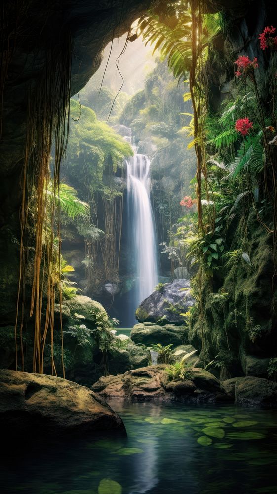 Waterfall nature vegetation landscape. AI generated Image by rawpixel.