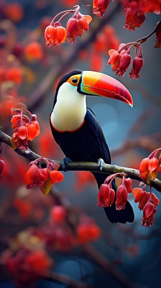 Toucan on a tree branch with flowers animal nature bird. AI generated Image by rawpixel.