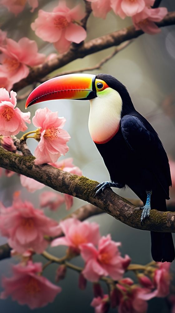 Toucan on a tree branch with flowers animal nature plant. AI generated Image by rawpixel.