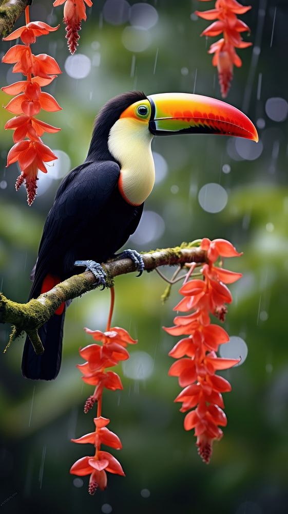 Toucan on a tree branch with flowers nature animal bird. AI generated Image by rawpixel.