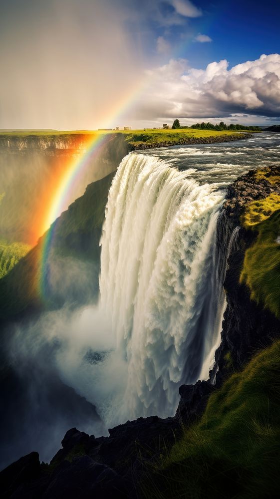 Water fall with a rainbow nature landscape waterfall. AI generated Image by rawpixel.