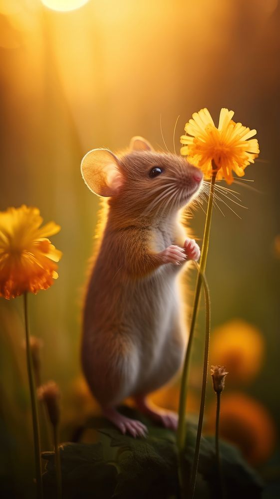 A mice standing smelling flower animal rodent mammal. AI generated Image by rawpixel.