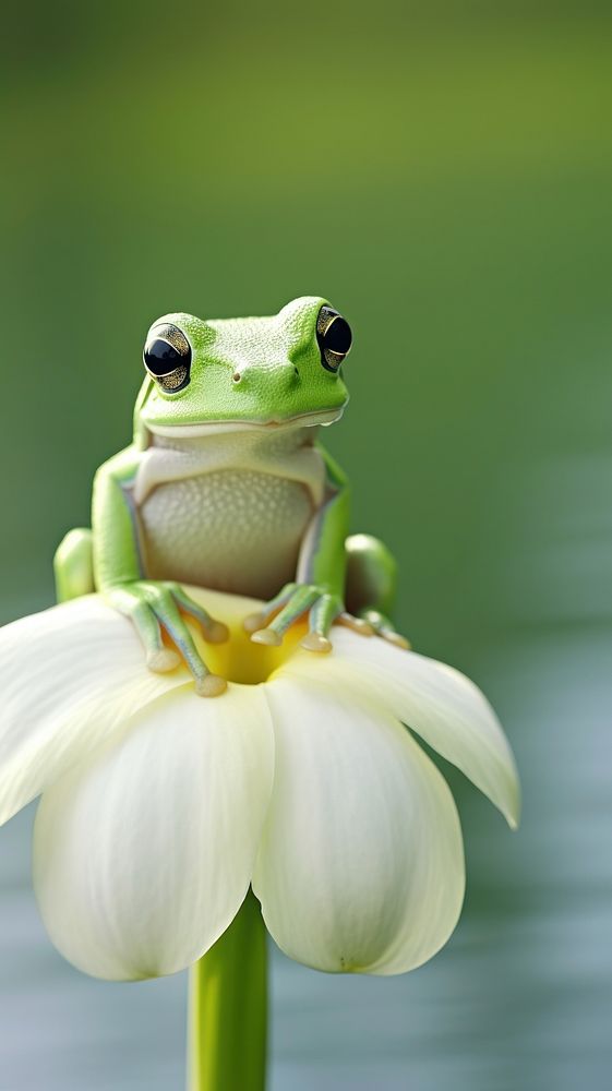 Frog sitting on a lotus leaf amphibian wildlife reptile. 