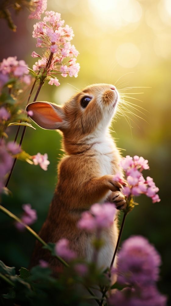 Rabit standing smelling flowers nature outdoors blossom. AI generated Image by rawpixel.