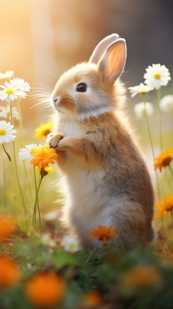 Rabit standing smelling flowers rodent animal mammal. AI generated Image by rawpixel.