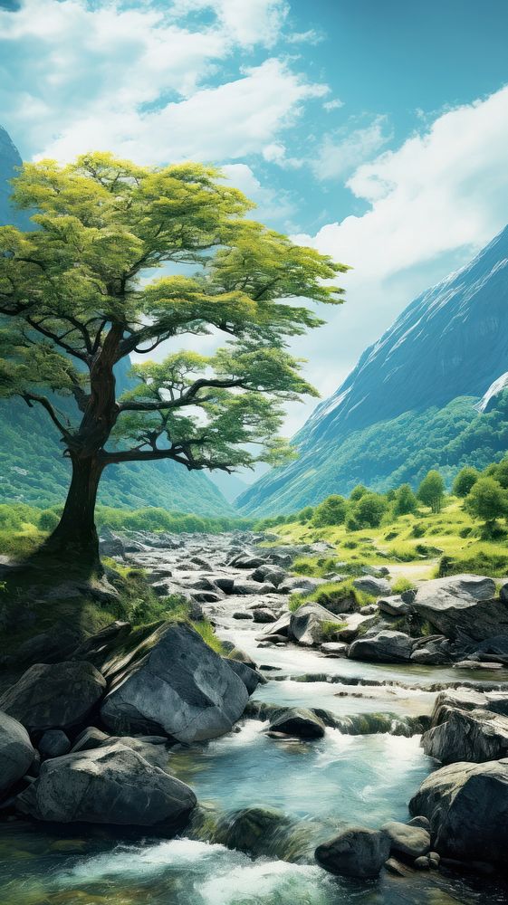 Mountain nature tree rock. AI generated Image by rawpixel.
