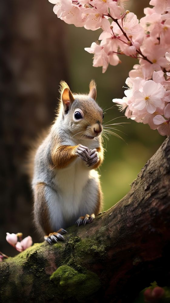 Squirrel standing smelling flowers nature outdoors blossom. AI generated Image by rawpixel.