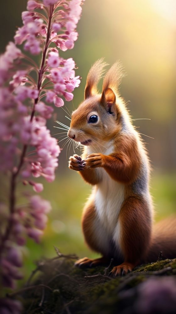 Squirrel standing smelling flowers outdoors blossom animal. AI generated Image by rawpixel.