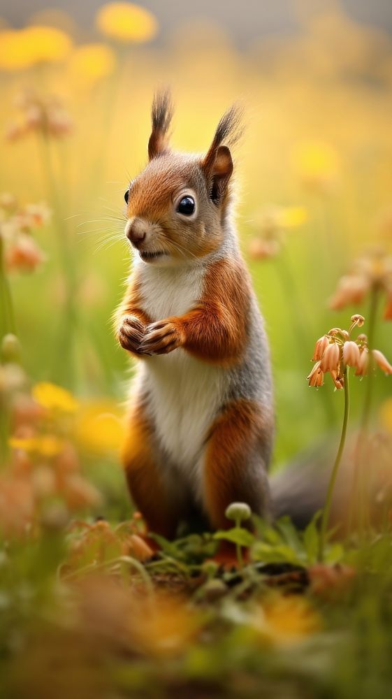 Squirrel standing smelling flowers animal rodent mammal. AI generated Image by rawpixel.