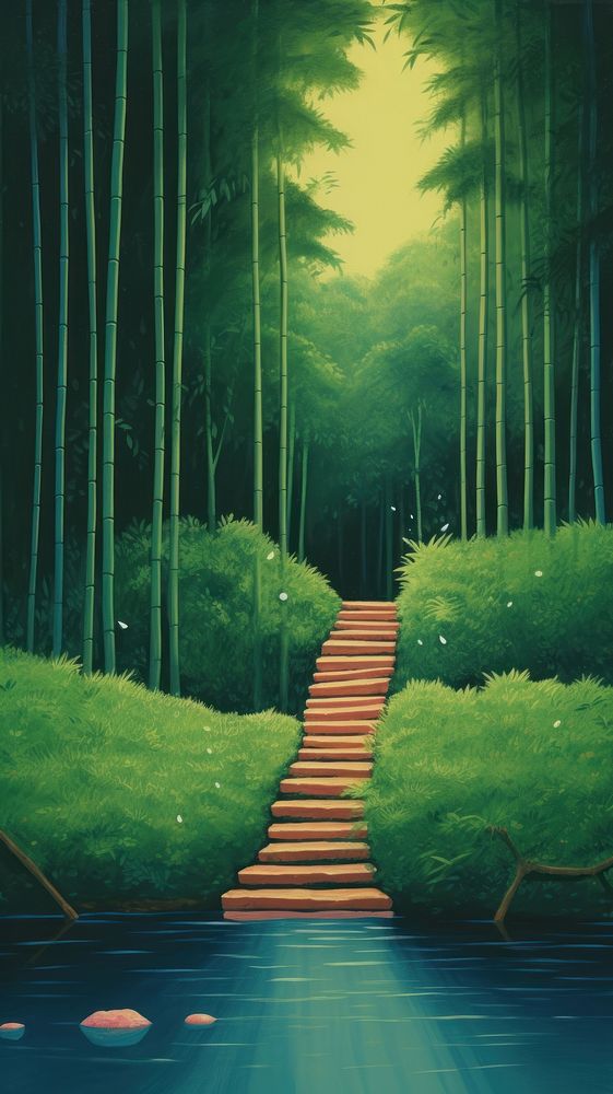 Bamboo forest with a small waterfall outdoors nature plant. AI generated Image by rawpixel.