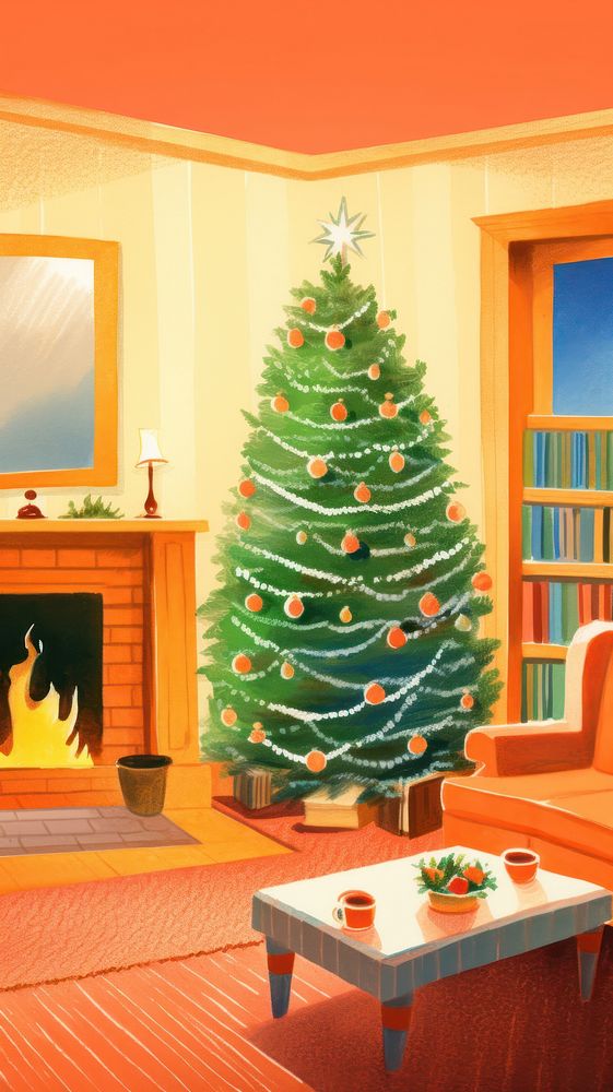 Christmas tree in a cozy living room architecture fireplace furniture. AI generated Image by rawpixel.
