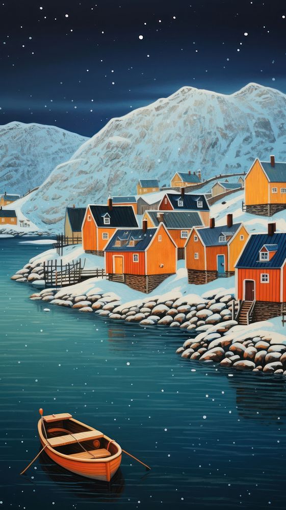 Colorful fishing village in a snowy shore architecture landscape building. AI generated Image by rawpixel.