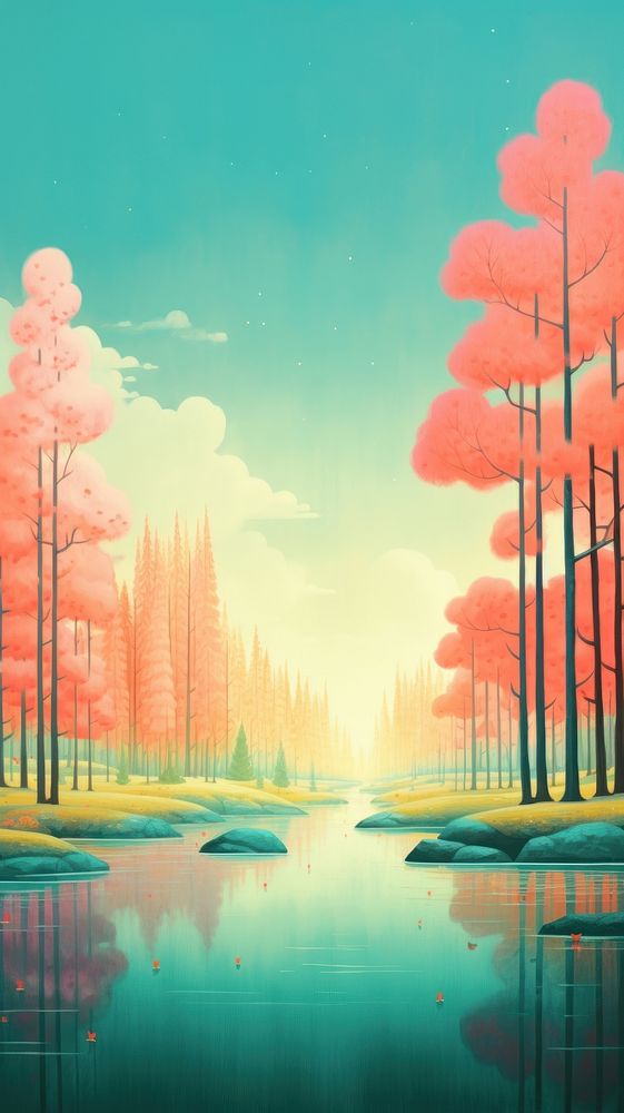 Colorful forest with lake landscape outdoors painting. AI generated Image by rawpixel.