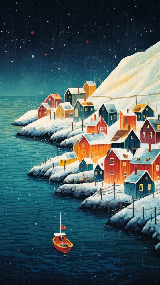 Colorful fishing village in a snowy shore architecture building painting