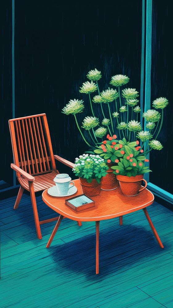 Potted flowers on a table in the green house furniture chair plant. AI generated Image by rawpixel.