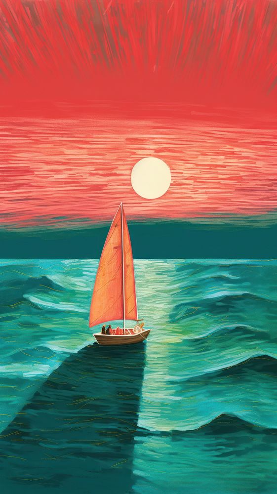 Sail boat in a sunny sea watercraft sailboat painting. AI generated Image by rawpixel.