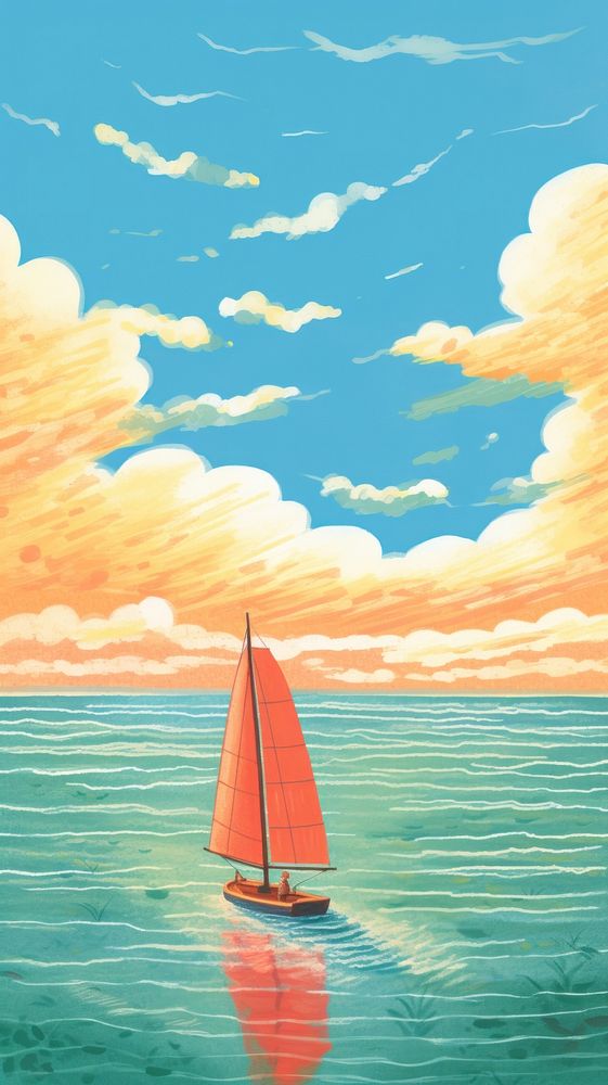 Sail boat in a sunny sea watercraft sailboat painting. AI generated Image by rawpixel.