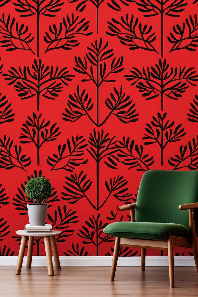 Green tree vector art pattern on red wallpaper architecture furniture chair. AI generated Image by rawpixel.