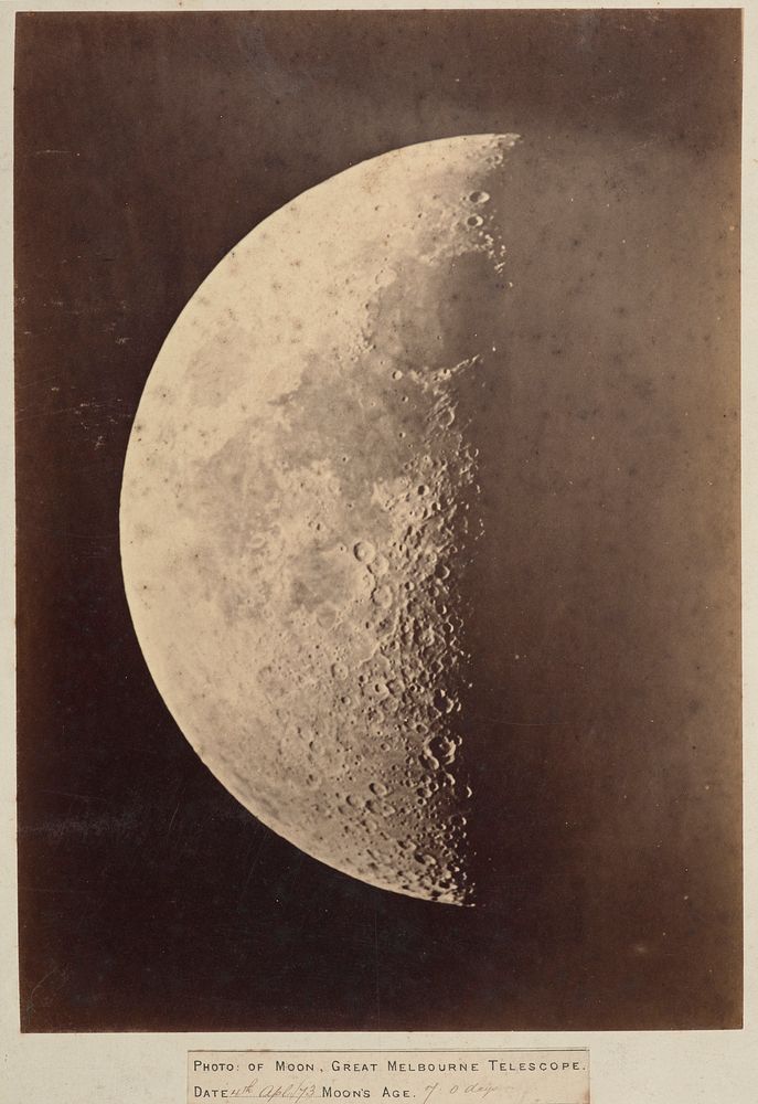 Photograph of moon, Great Melbourne Telescope, 4 April 1873, Moon's age 7.0 days (1873) by Melbourne Observatory.