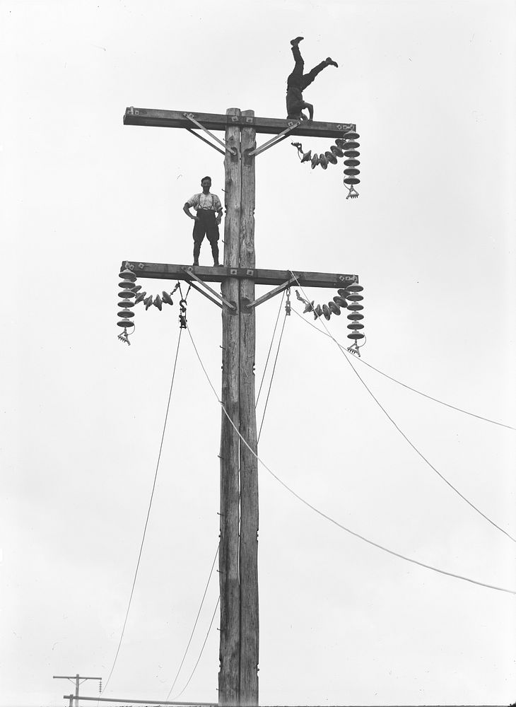 C. Cusack (top) and mate on a Queen St, Levin transmission pole, part of the Mangahao-Wellington transmission line (14 Dec…