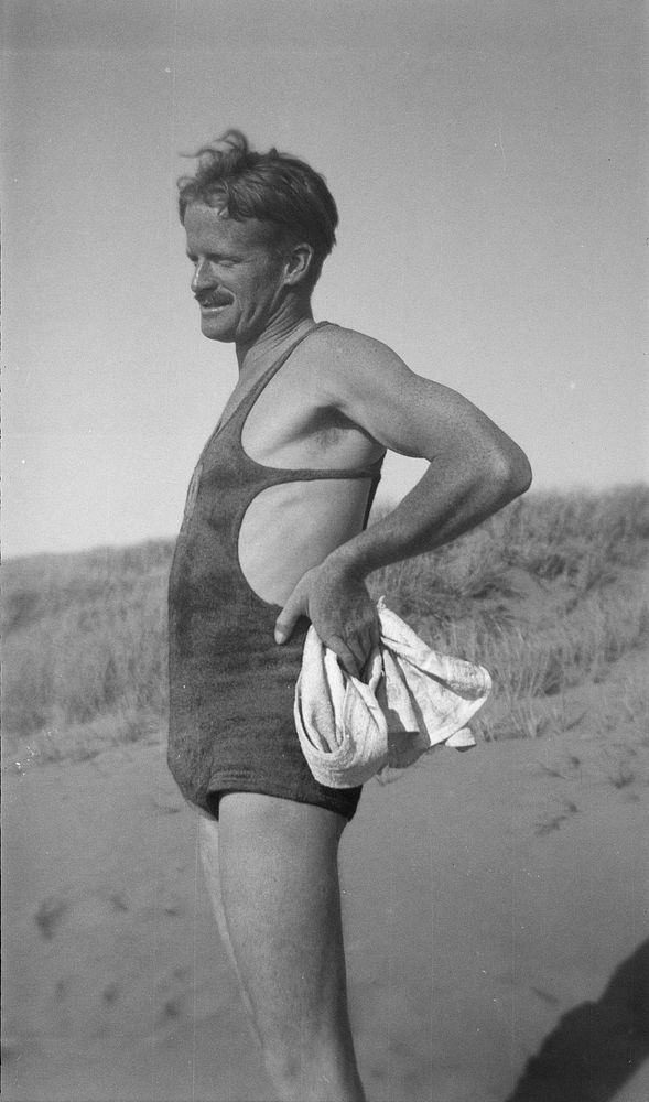 Alan Browne in bathing costume, Waitarere Beach (23 January 1938) by Leslie Adkin.