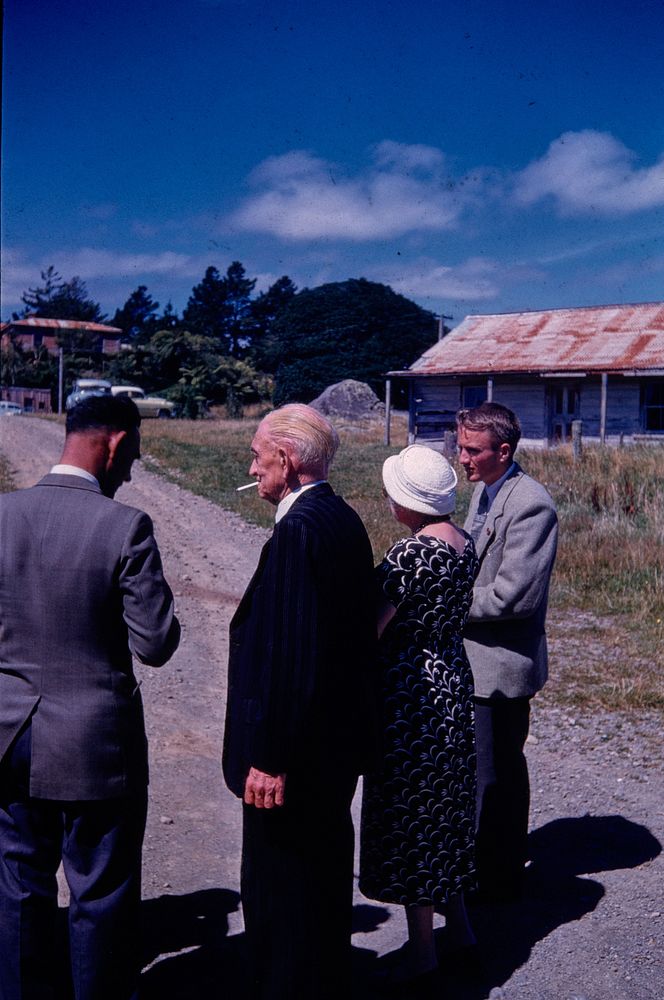 Mr and Mrs Huston with Dave Winterbourne (left) and Roy Watemburg at Parihaka (19 February 1961) by Leslie Adkin.