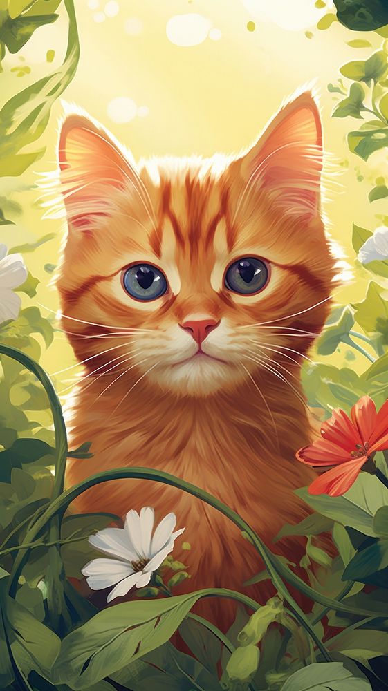 A ginger cat animal mammal flower. AI generated Image by rawpixel.