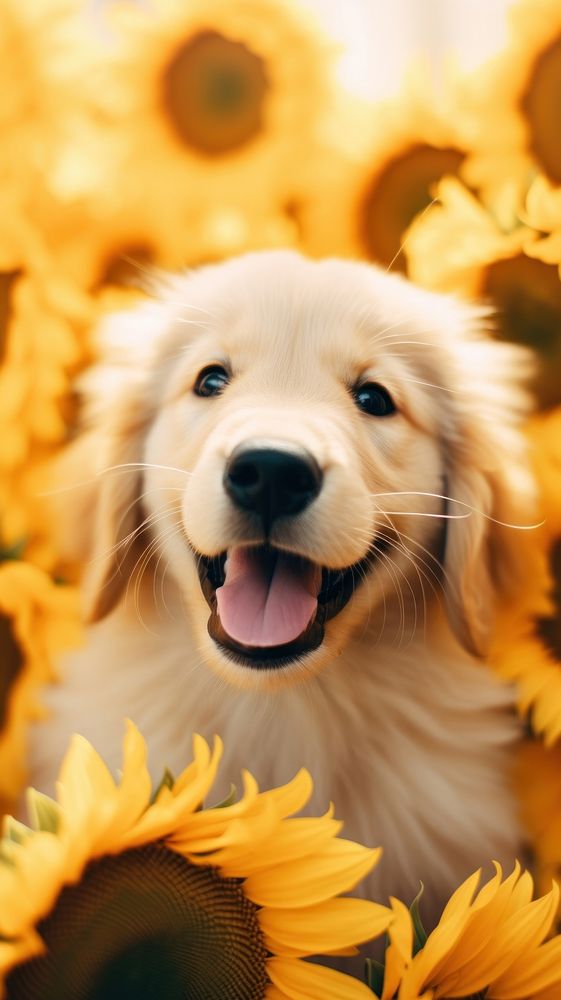 Happy golden retriever sunflower puppy mammal. AI generated Image by rawpixel.