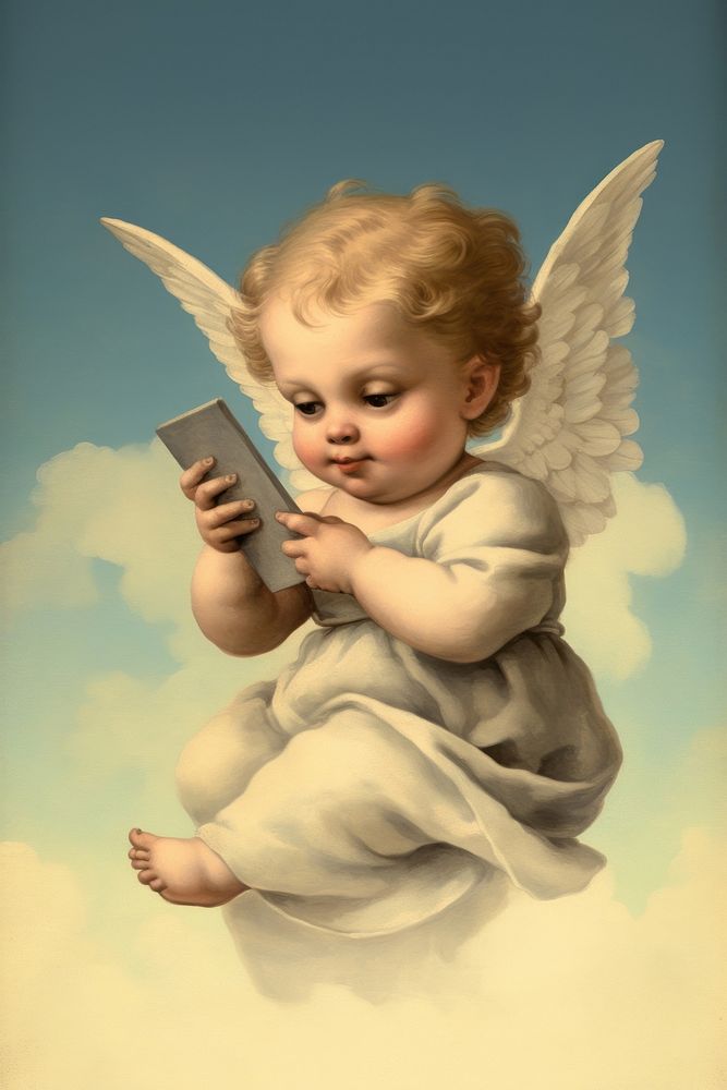 A Cherub holding mobile phone angel baby representation. AI generated Image by rawpixel.