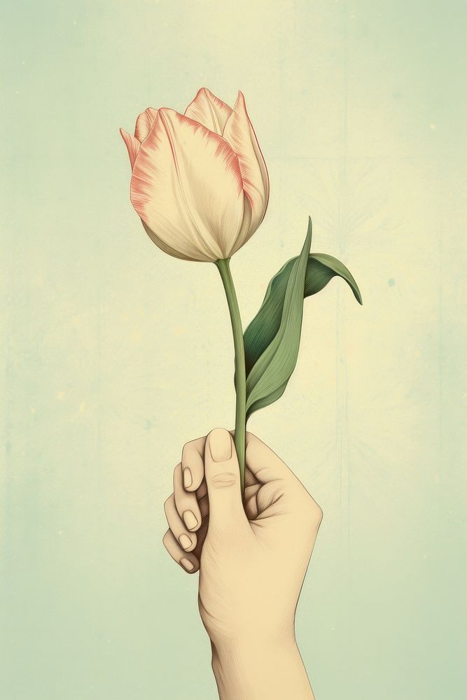 Hand holding a Tulip art flower plant. AI generated Image by rawpixel.