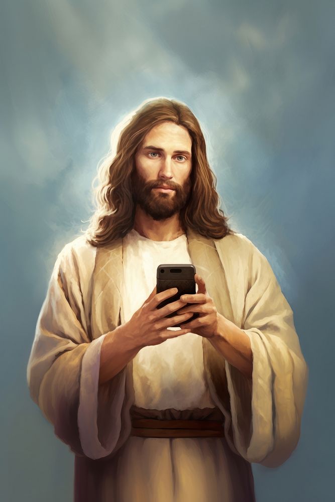 Jesus holding mobile phone portrait painting adult. AI generated Image by rawpixel.