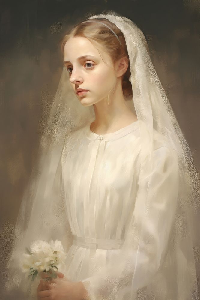 Woman wears vintage wedding dress painting portrait fashion. AI generated Image by rawpixel.