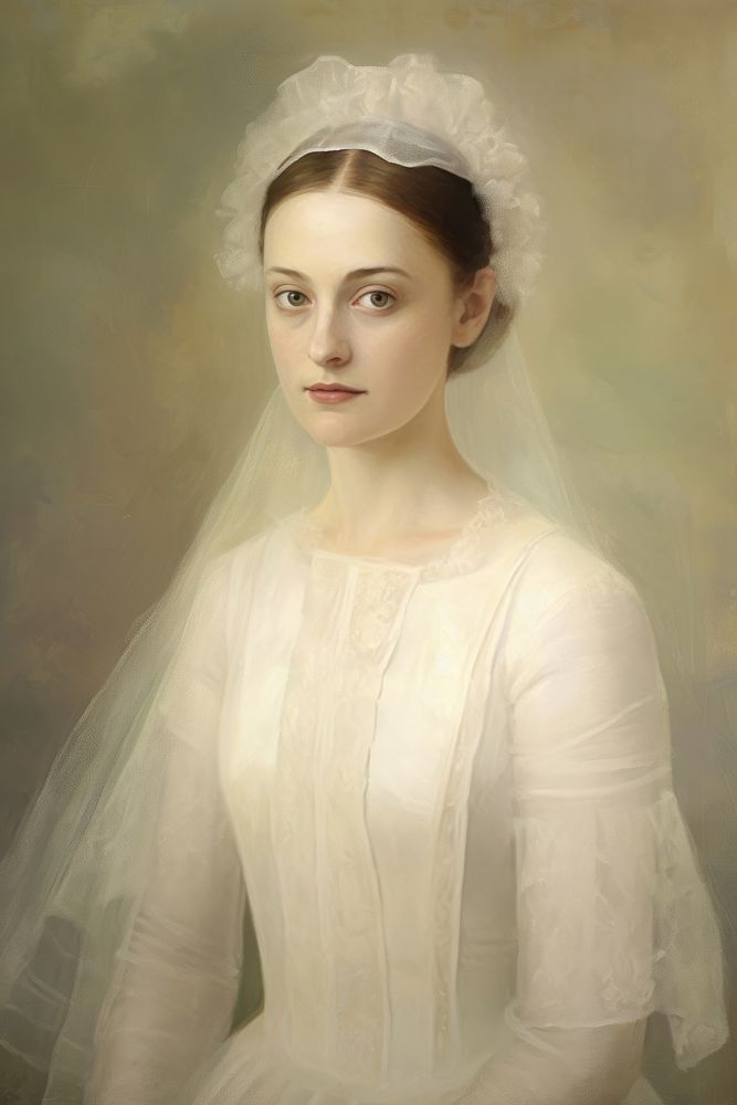 Woman wears vintage wedding dress portrait painting fashion. 