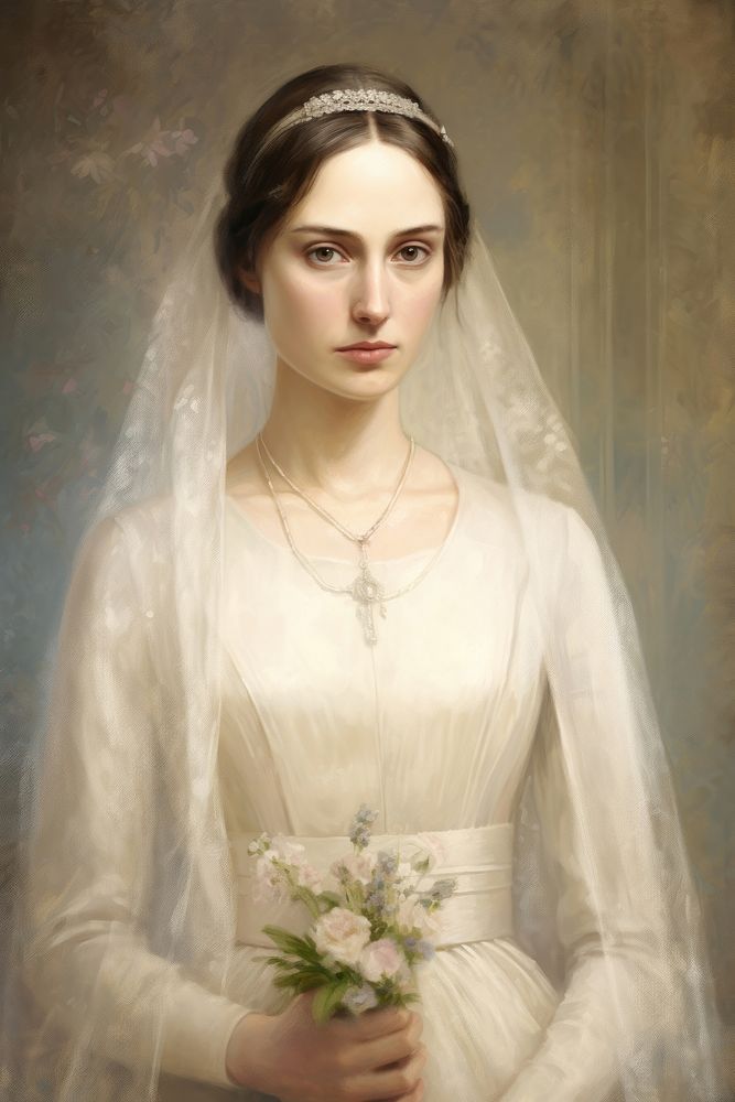 Woman wears vintage wedding dress necklace portrait jewelry. 