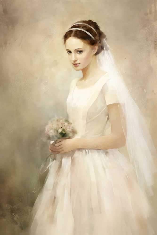 Woman wears wedding dress painting art portrait. AI generated Image by rawpixel.