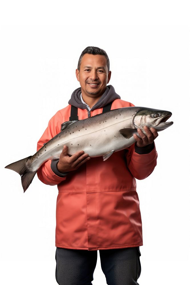 Fisherman holding a salmon portrait animal white background. AI generated Image by rawpixel.