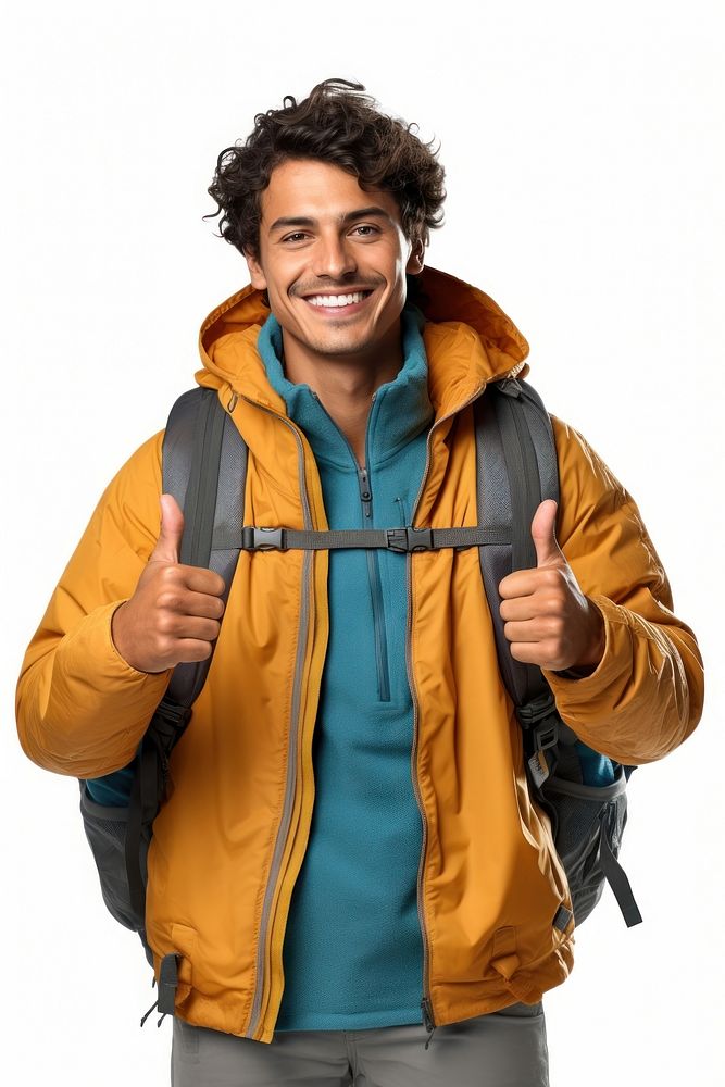 Mexican man showing thumb up backpack clothing jacket. AI generated Image by rawpixel.
