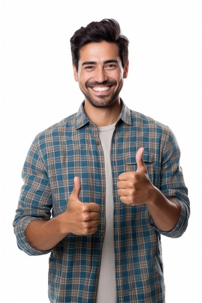 Mexican teacher showing thumb up clothing finger smile. 