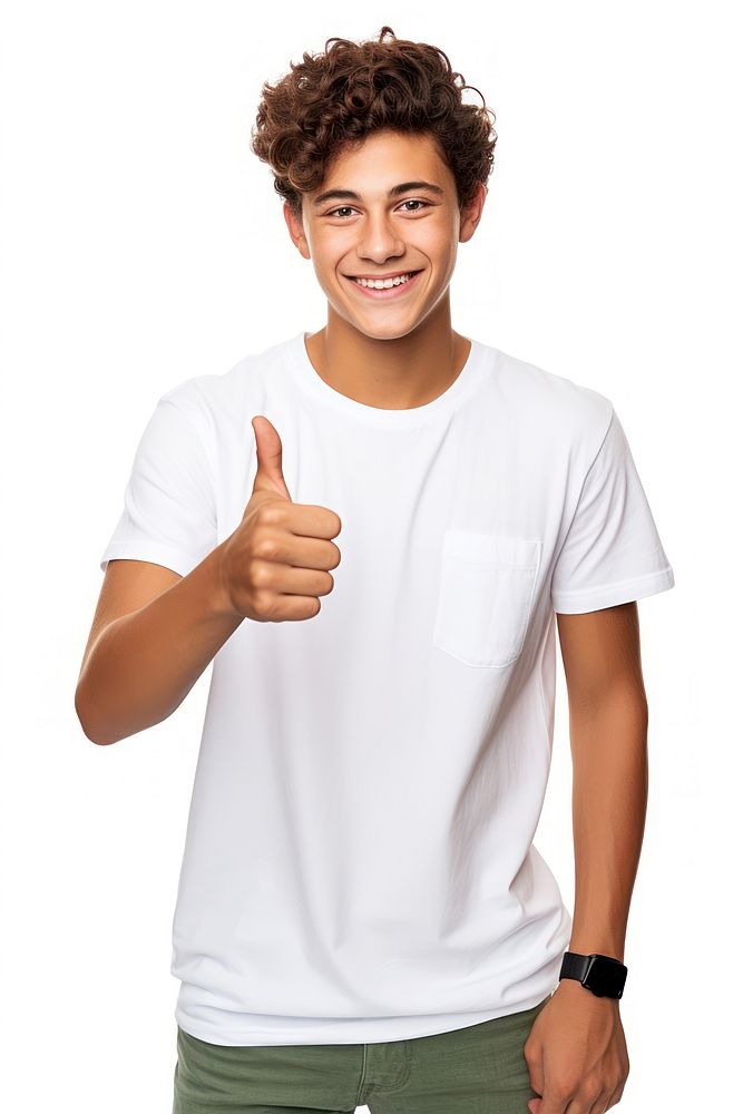 Mexican teen showing thumb up clothing t-shirt finger. AI generated Image by rawpixel.