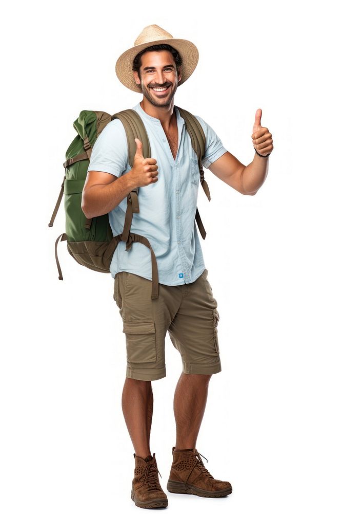 Brazilian traveler showing thumb up backpack outdoors clothing. AI generated Image by rawpixel.
