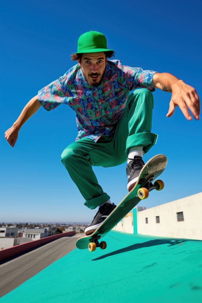 Man in a green hat skateboarding blue exhilaration snowboarding. AI generated Image by rawpixel.